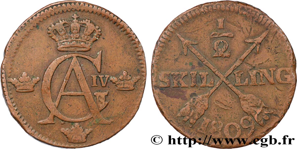SWEDEN 1/2 Skilling Gustave IV Adolphe 1809  XF 