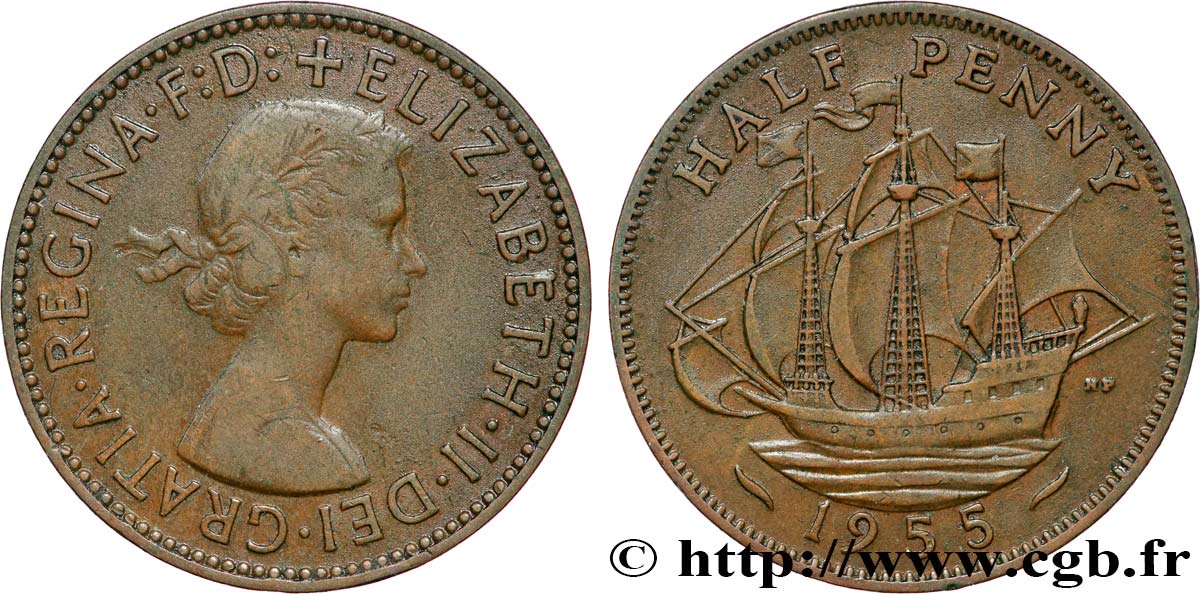 VEREINIGTEN KÖNIGREICH 1/2 Penny Élisabeth II 1955 Londres SS 