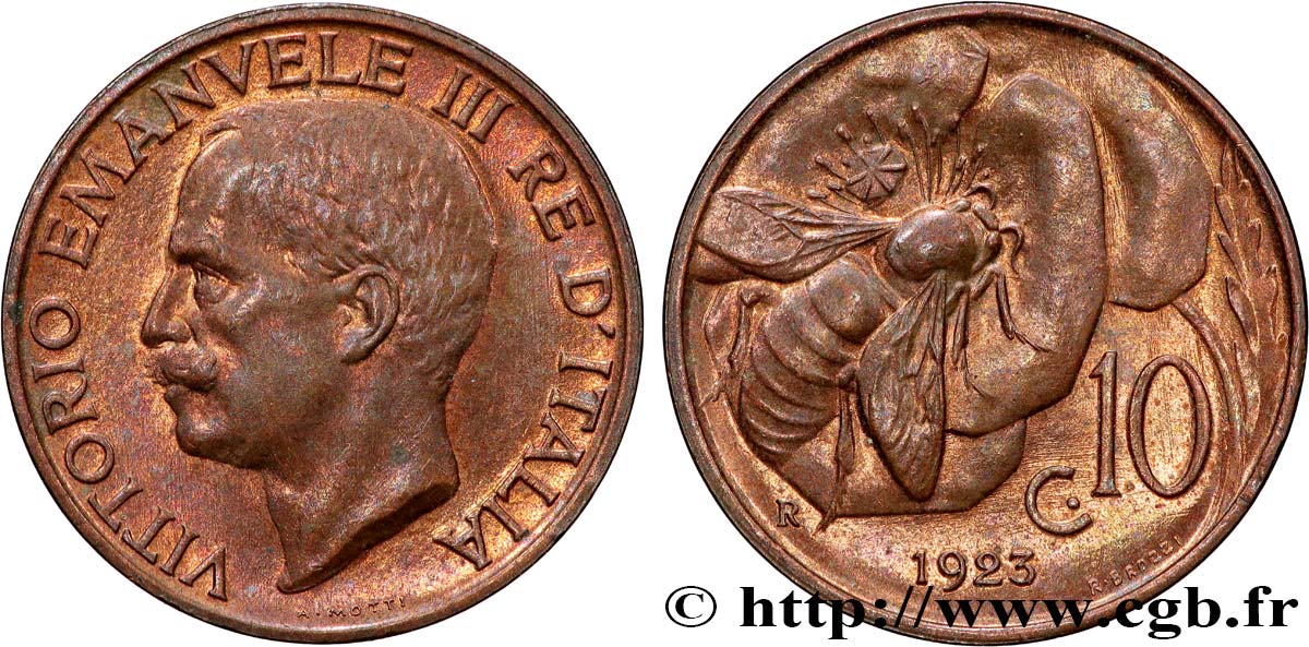 ITALIEN 10 Centesimi Victor Emmanuel III / abeille 1923 Rome - R VZ 