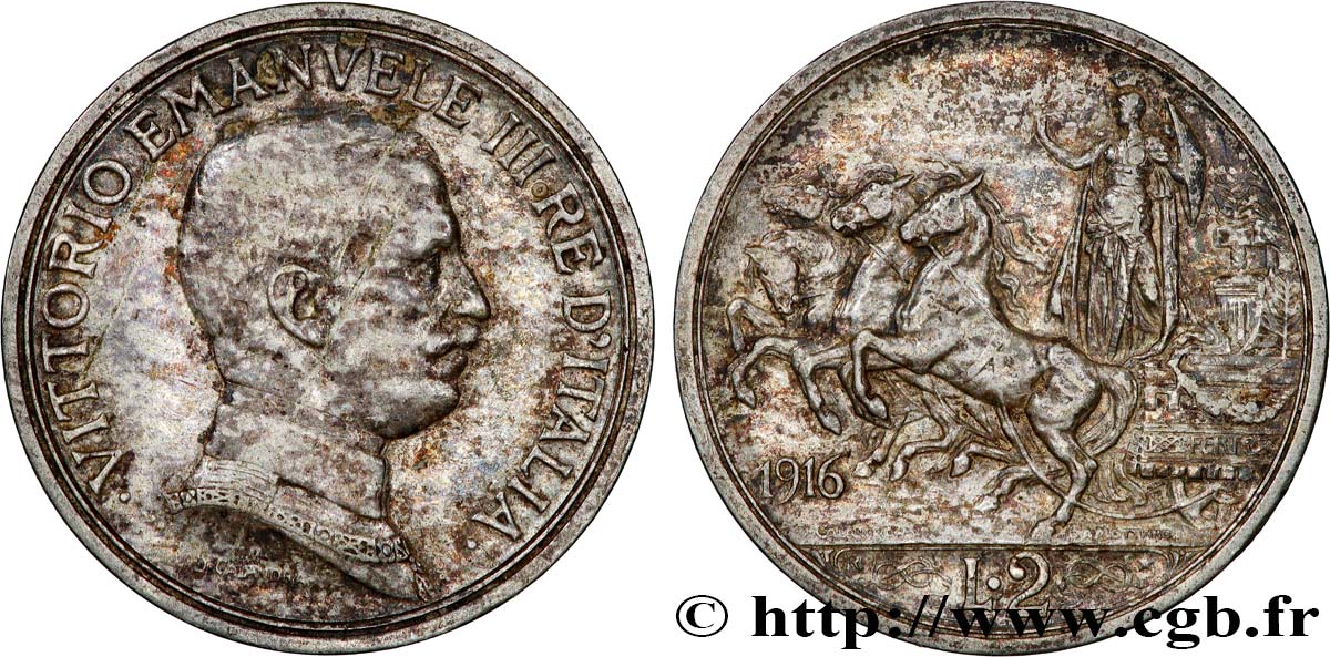 ITALIA 2 Lire Victor Emmanuel III 1916 Rome BB 