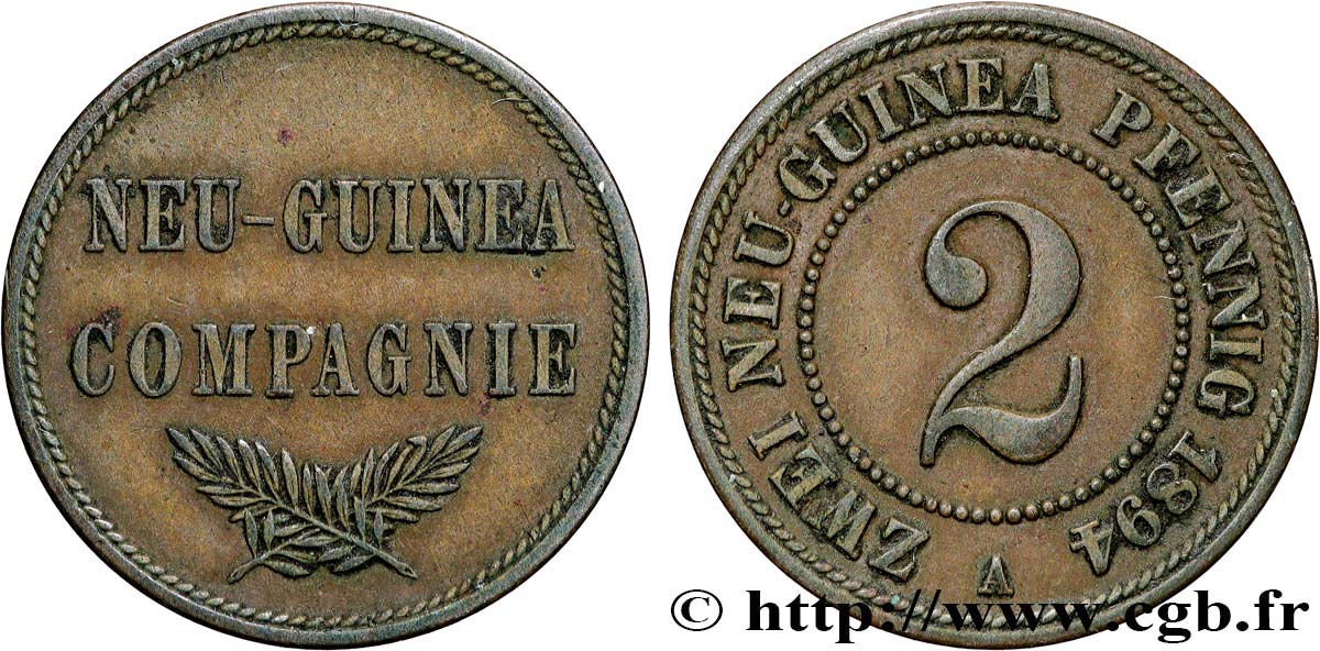 GERMANY - NEW GERMAN GUINEA 2 Neu-Guinea Pfennig 1894 Berlin XF 