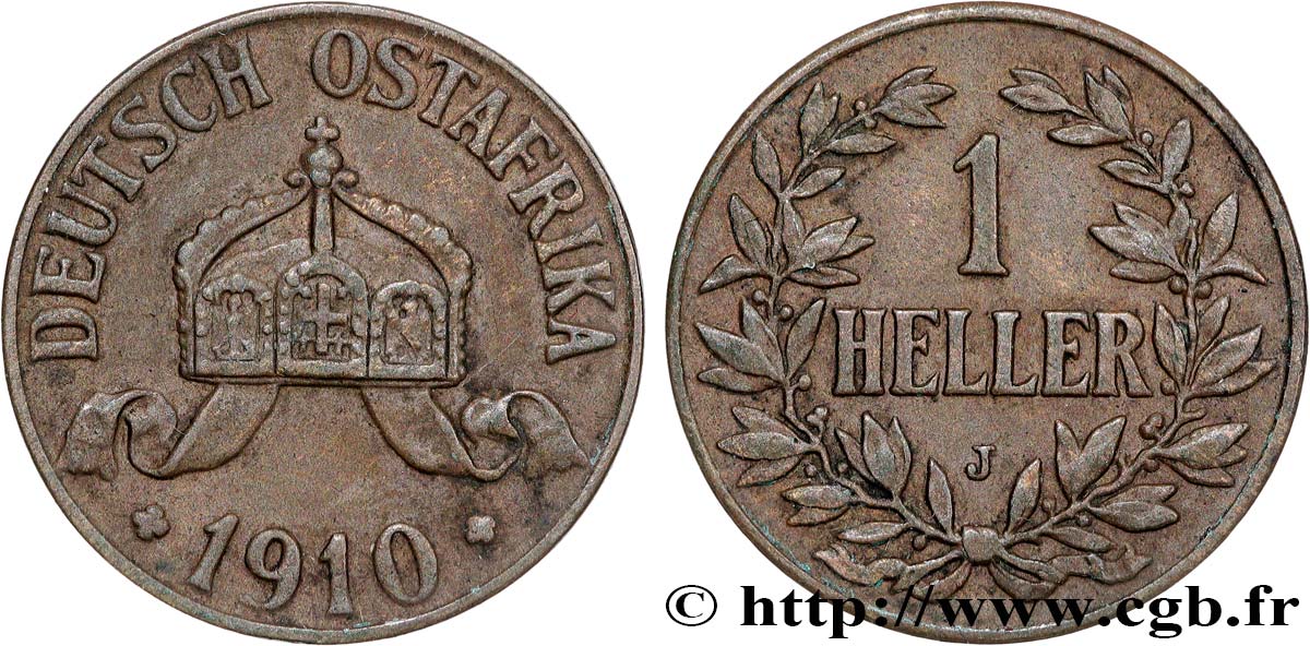 DEUTSCH-OSTAFRIKA 1 Heller Deutch Ostafrica type couronne large et extrémités des L pointues 1910 Hambourg - J fVZ 