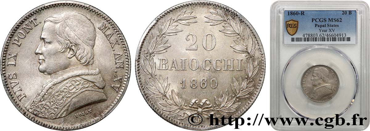 ITALY - PAPAL STATES - PIUS IX (Giovanni Maria Mastai Ferretti) 20 Baiocchi an XV 1860 Rome MS62 PCGS