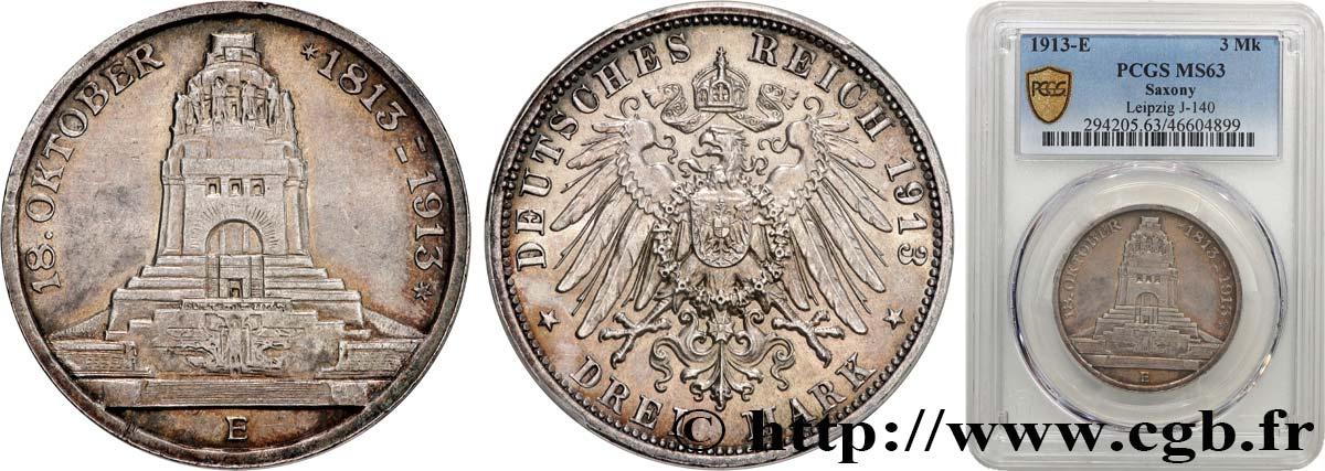 ALLEMAGNE - SAXE 3 Mark ‘Monument de la Bataille des Nations’  1913 Dresde SPL63 PCGS