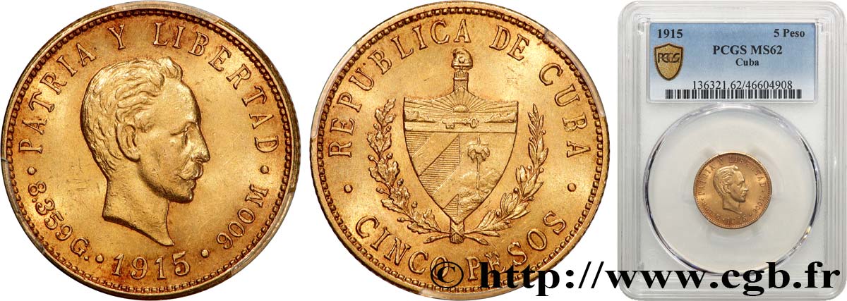 CUBA 5 Pesos 1915 Philadelphie SUP62 PCGS