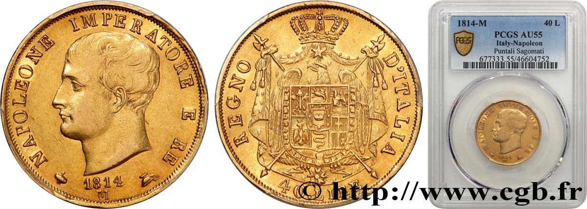 ITALIE - ROYAUME D&nbsp;ITALIE - NAPOLÉON Ier 40 Lire 1814 Milan SUP55 PCGS