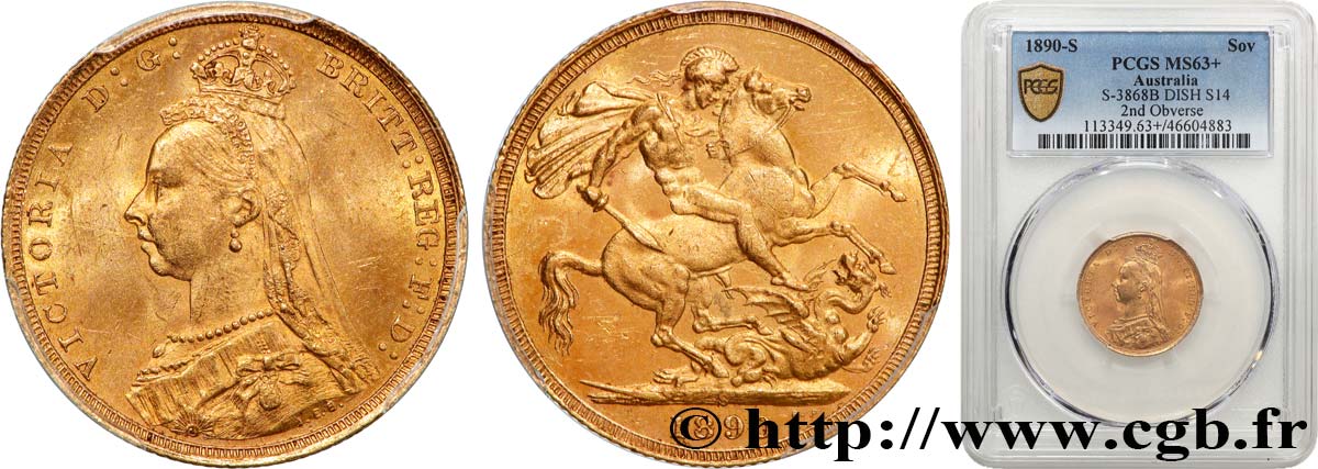 AUSTRALIA - VICTORIA 1 Souverain buste du jubilé 1890 Sydney MS63 PCGS