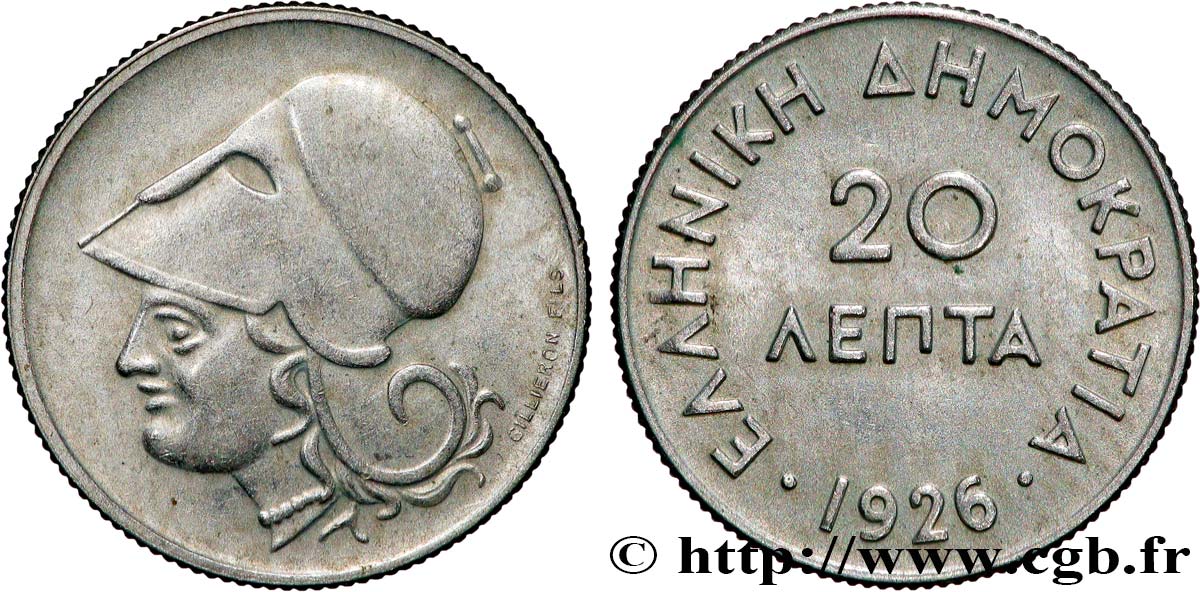 GRÈCE 20 Lepta Athéna 1926  TTB 