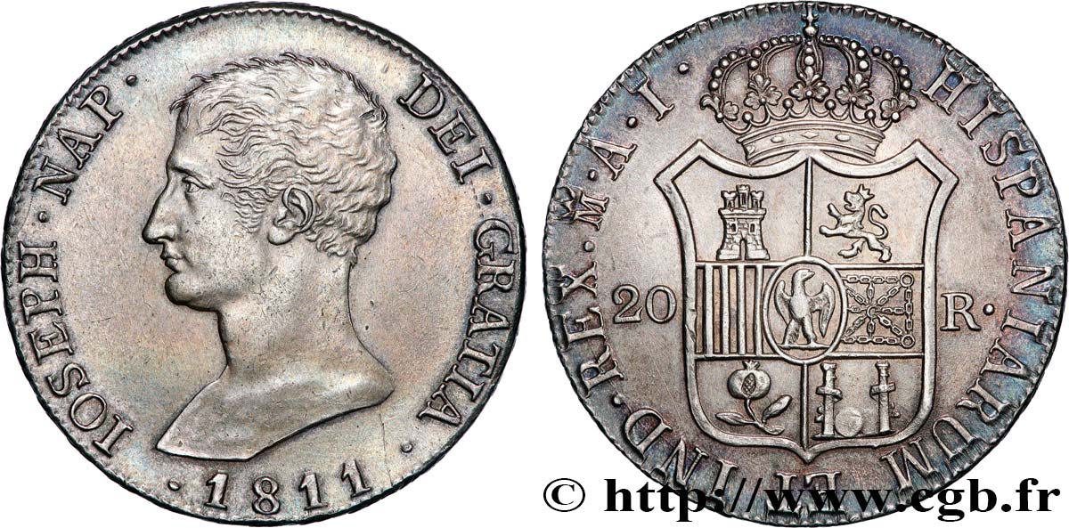 ESPAGNE - ROYAUME D ESPAGNE - JOSEPH NAPOLÉON 20 Reales ou 5 Pesetas 1811 Madrid SUP 