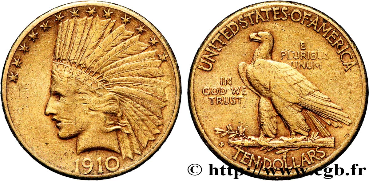 OR, PALLADIUM ET PLATINE INVESTISSEMENT 10 Dollars  Indian Head , 2e type 1910 San Francisco - S TTB 