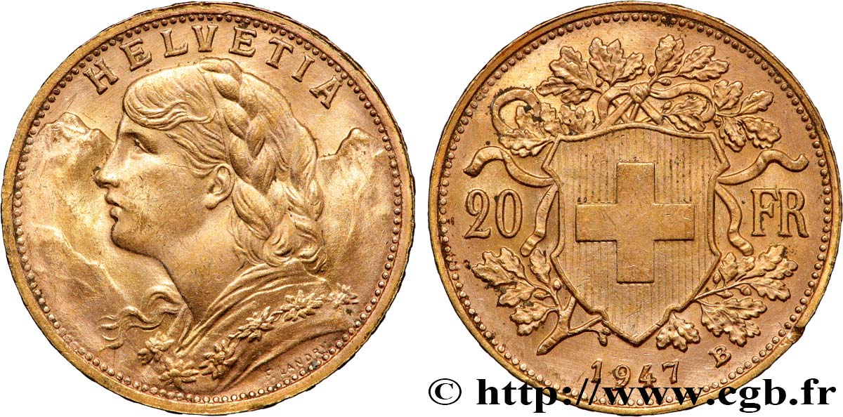 OR, PALLADIUM ET PLATINE INVESTISSEMENT 20 Francs or  Vreneli  1947 Berne SUP 
