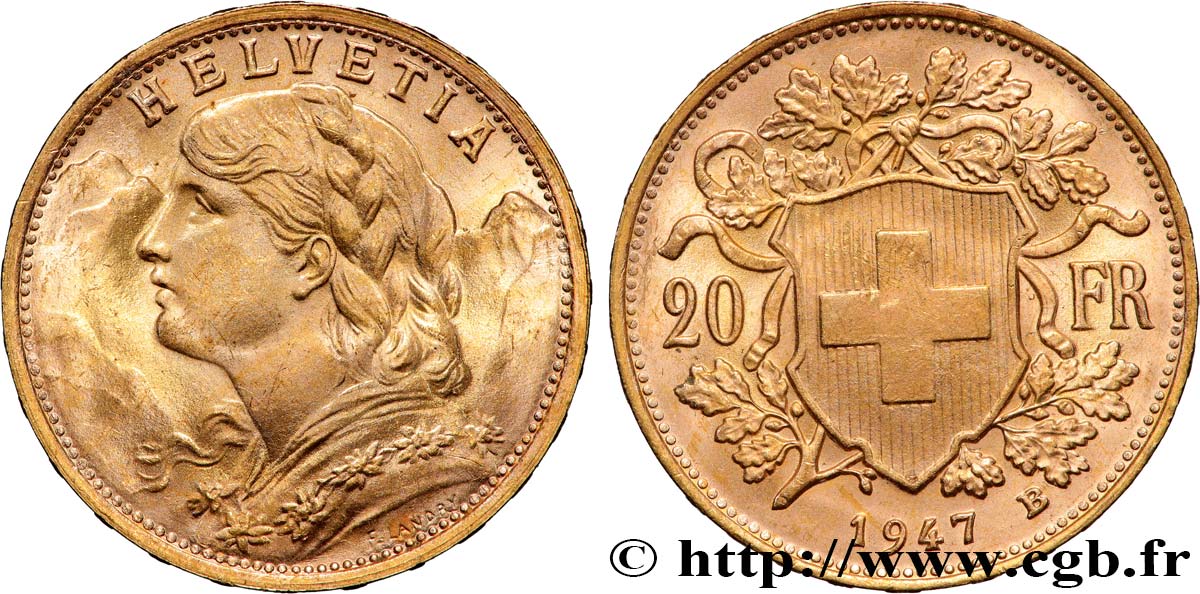 OR, PALLADIUM ET PLATINE INVESTISSEMENT 20 Francs or  Vreneli  1947 Berne SUP 