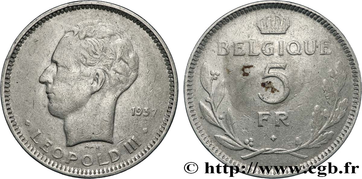 BELGIQUE 5 Francs Léopold III 1937  TB+ 