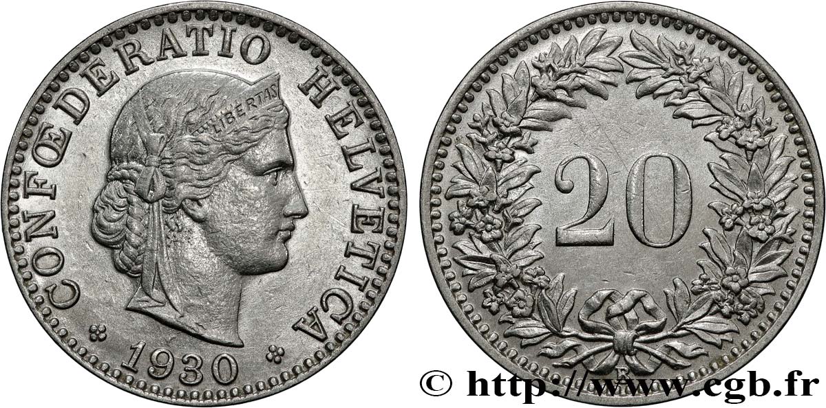 SVIZZERA  20 Centimes Tête de Libertas 1930 Berne - B SPL 