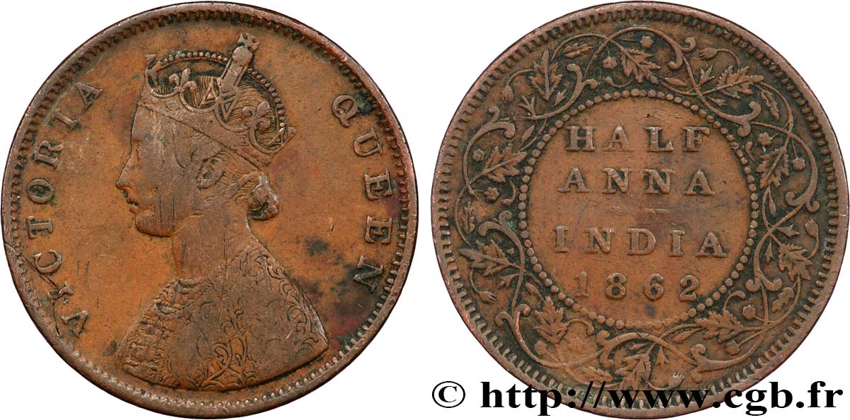 INDES BRITANNIQUES 1/2 Anna Victoria 1862 Bombay TB+ 