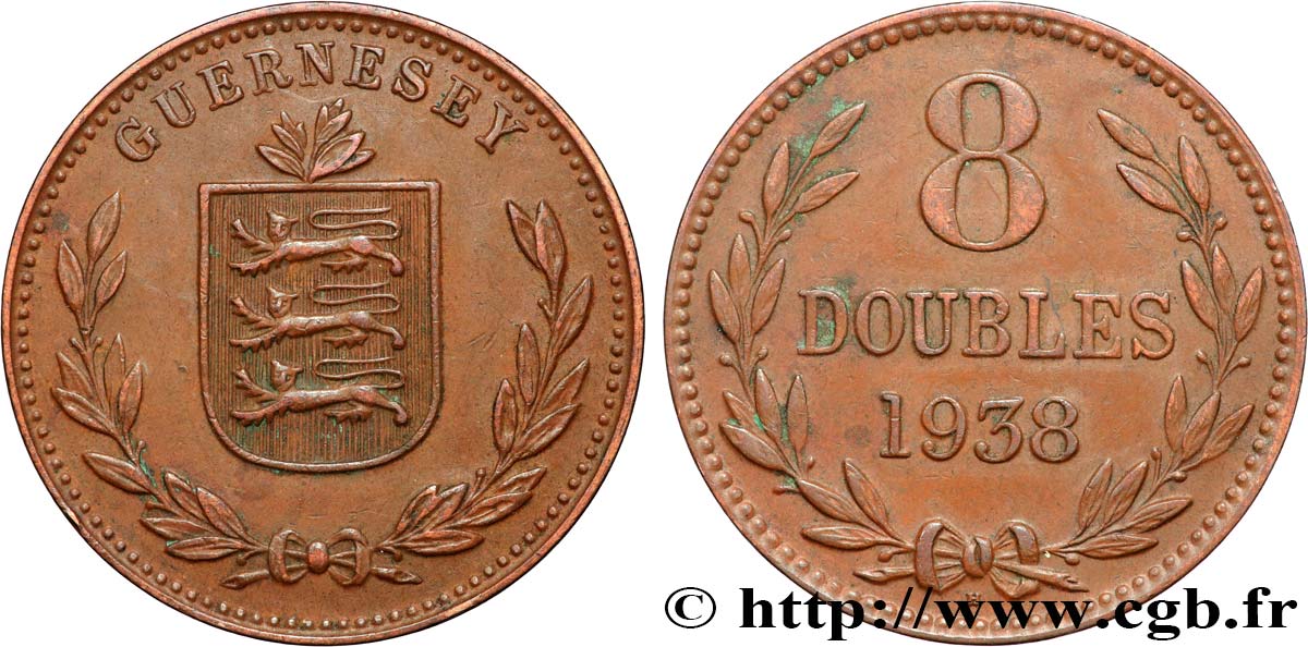 GUERNESEY 8 Doubles armes du baillage de Guernesey 1938 Heaton SUP 
