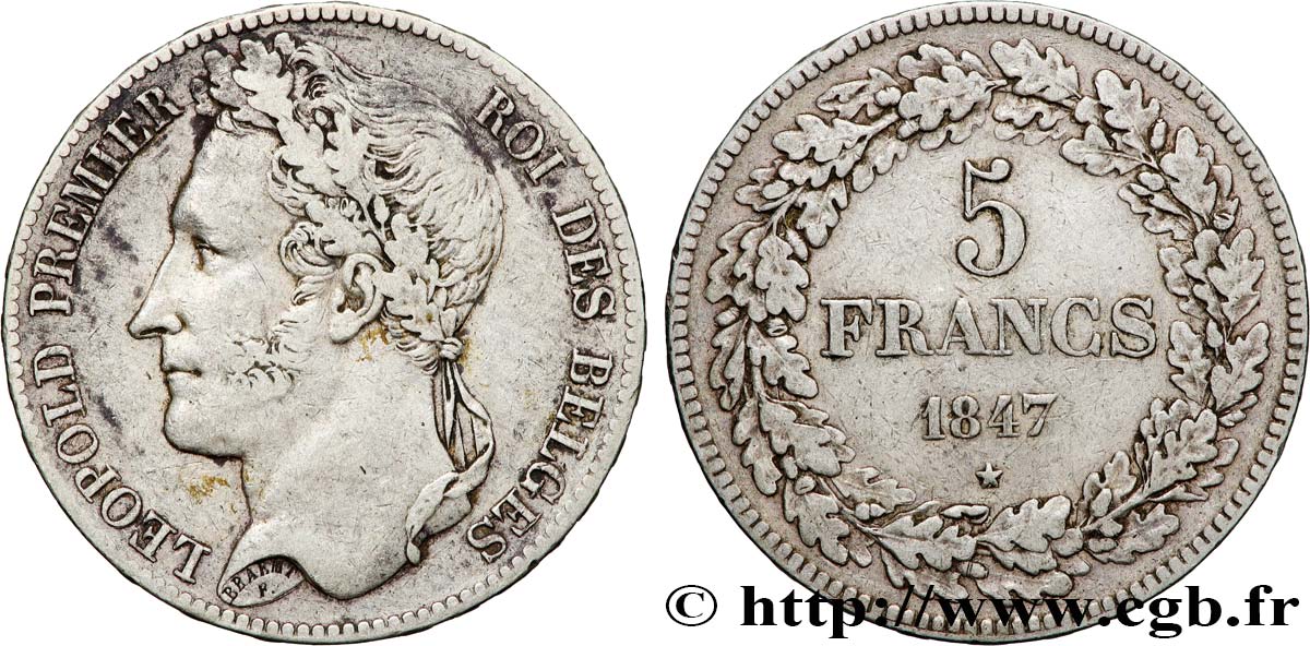 BELGIEN 5 Francs Léopold Ier tête laurée 1847  SS 