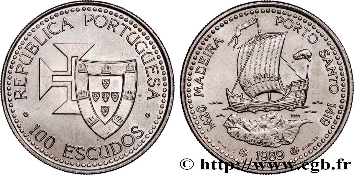 PORTUGAL 100 Escudos Découvertes Portugaises de Madère 1420 et Porto Santo 1419 1989  SUP 