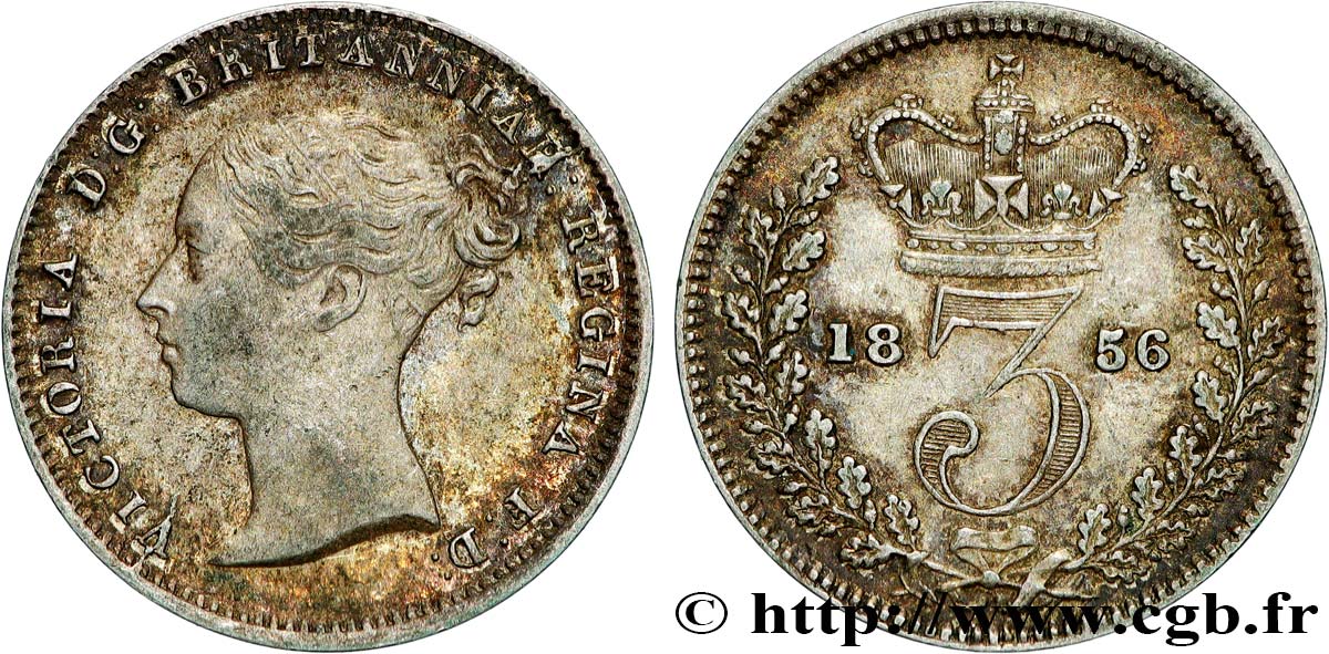 ROYAUME-UNI 3 Pence Victoria “Bun Head” 1856  TTB 