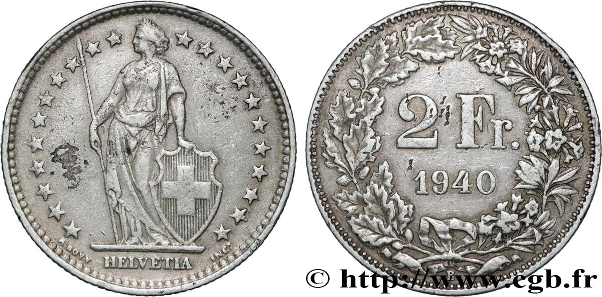 SUISSE 2 Francs Helvetia 1940 Berne  TTB 