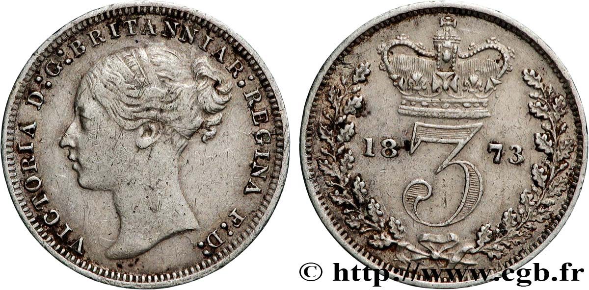 ROYAUME-UNI 3 Pence Victoria “Bun Head” 1873  TB+ 