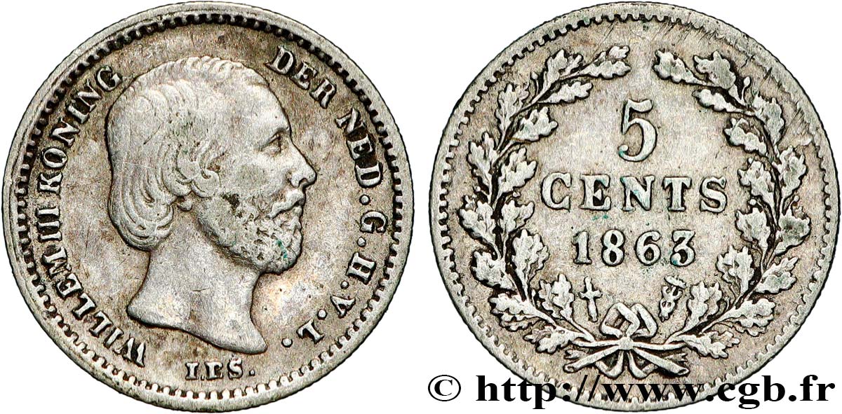 NETHERLANDS 5 Cents William III 1863 Utrecht XF 
