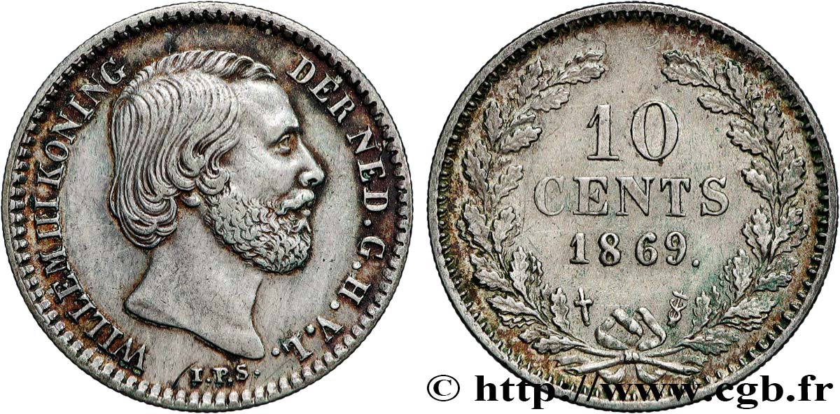 NETHERLANDS 10 Cents Guillaume III 1869 Utrecht XF 