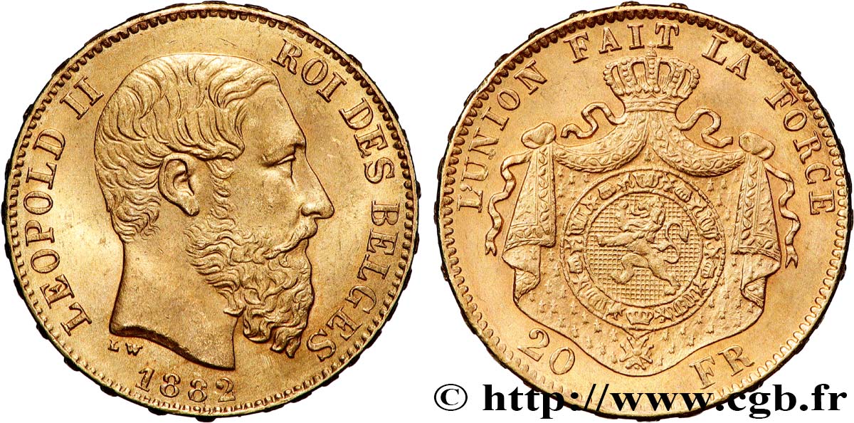 BELGIQUE 20 Francs Léopold II 1882 Bruxelles SPL 