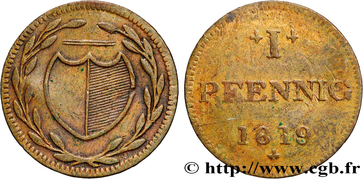 ALEMANIA - CIUDAD LIBRE DE FRáNCFORT 1 Pfennig Francfort monnaie de nécessité 1819  MBC 