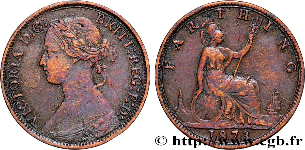 ROYAUME-UNI 1 Farthing Victoria “Bun Head” 1873  TTB 