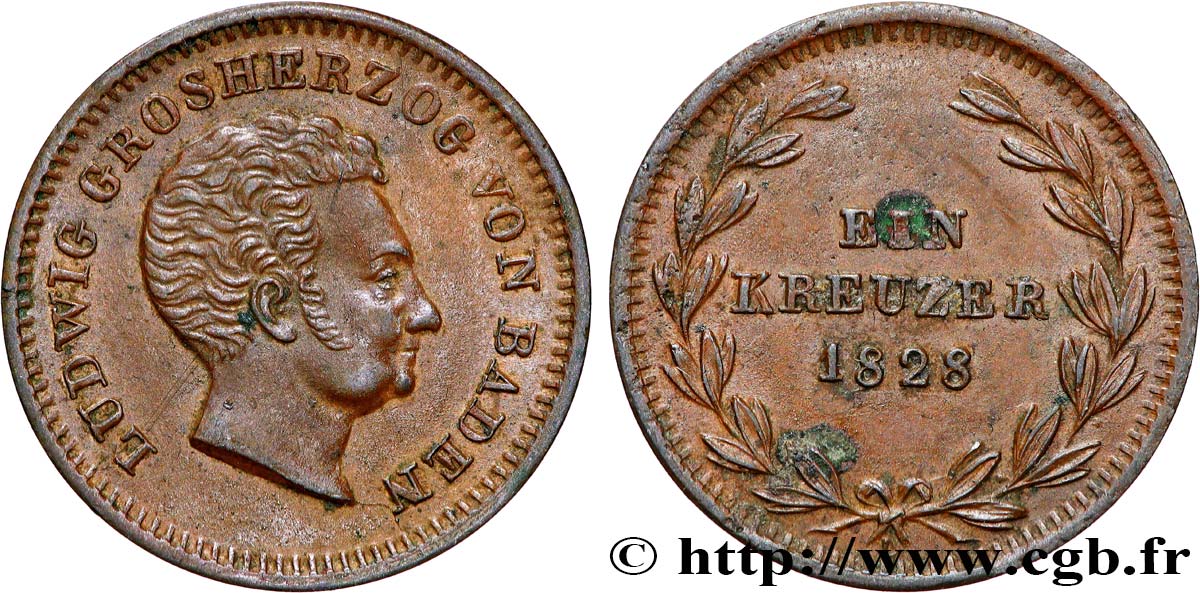 ALLEMAGNE - BADE 1 Kreuzer Louis Grand-Duc de Bade 1828 Karlsruhe TTB 