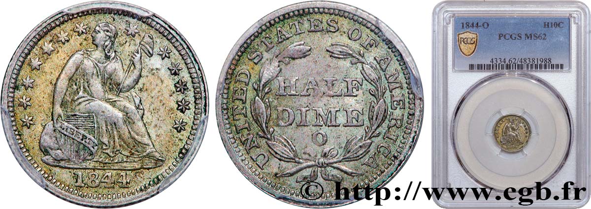 UNITED STATES OF AMERICA 1/2 Dime (5 Cents) Liberté assise variété avec draperie 1844 Nouvelle-Orléans - O MS62 PCGS