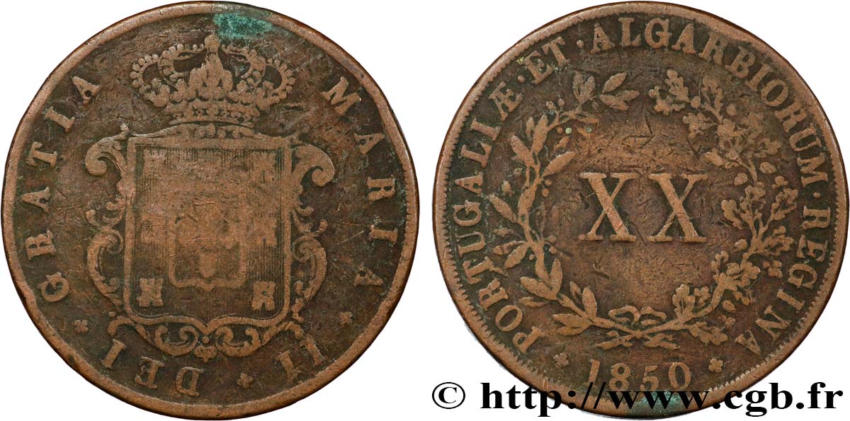 PORTUGAL - ROYAUME DE PORTUGAL - MARIE II  20 Reis  1850  TB+ 