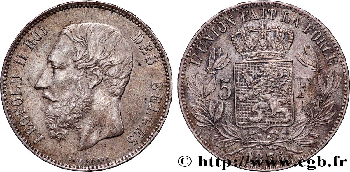 BELGIUM 5 Francs Léopold II 1876  AU 