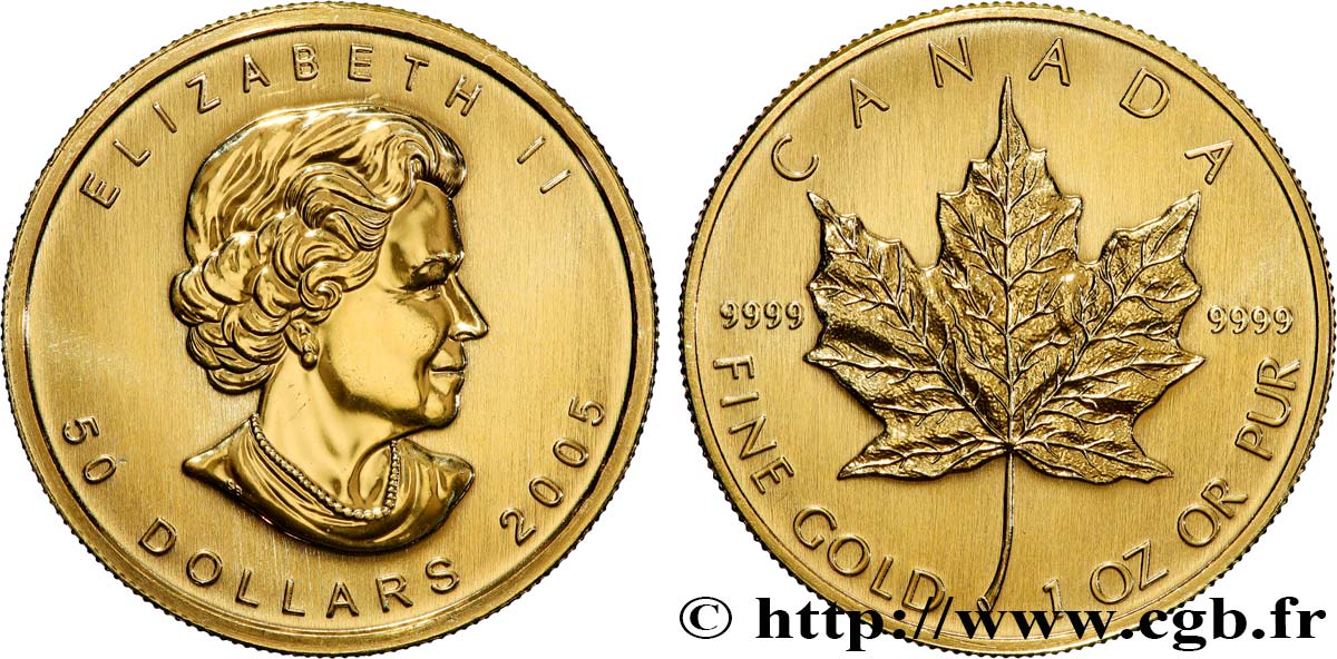 GOLD, PALLADIUM & PLATINUM INVESTMENT 50 Dollars  Maple Leaf  Elisabeth II 2005  MS 