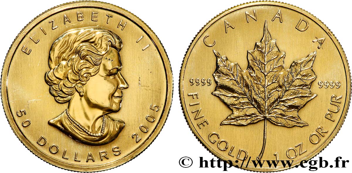 OR, PALLADIUM ET PLATINE INVESTISSEMENT 50 Dollars  Maple Leaf  Elisabeth II 2005  SPL 