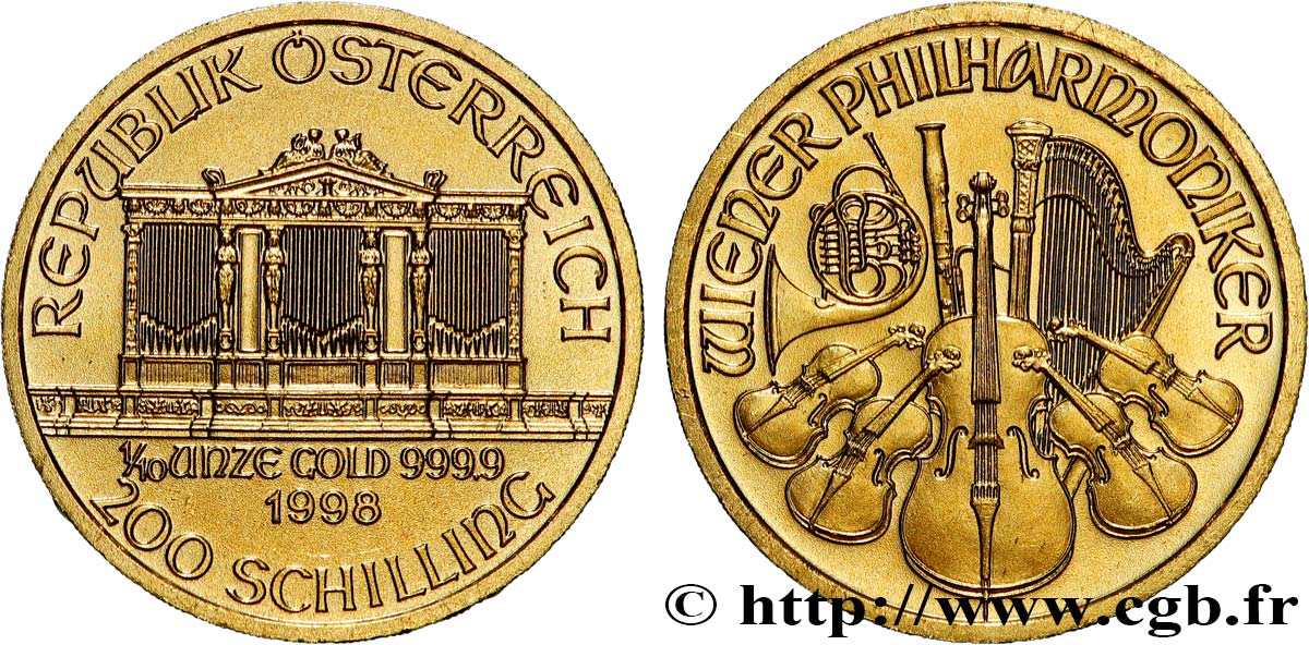 OR D INVESTISSEMENT 1/10 Oz - 200 Schilling LE PHILARMONIQUE DE VIENNE 1998 Vienne SPL 