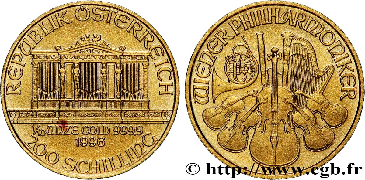 ORO, PALLADIO E PLATINO: INVESTIMENTI 1/10 Oz - 200 Schilling LE PHILARMONIQUE DE VIENNE 1996 Vienne MS 