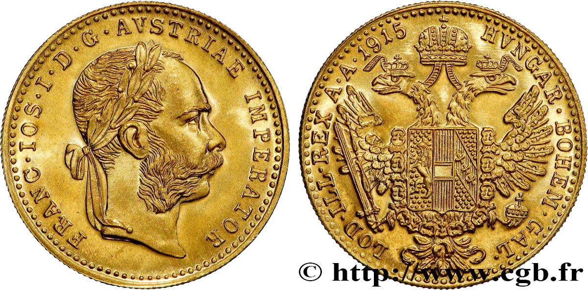 GOLD, PALLADIUM & PLATINUM INVESTMENT 1 Ducat refrappe moderne François-Joseph Ier 1915  MS 