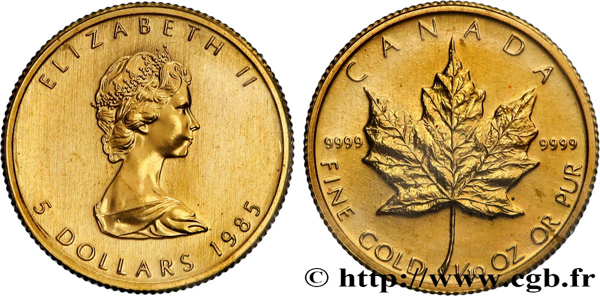 INVESTMENT GOLD 1/10 Oz - 5 Dollars or  Maple leaf  1985  MS 