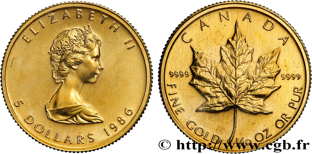 INVESTMENT GOLD 1/10 Oz - 5 Dollars or  Maple leaf  1986  ST 