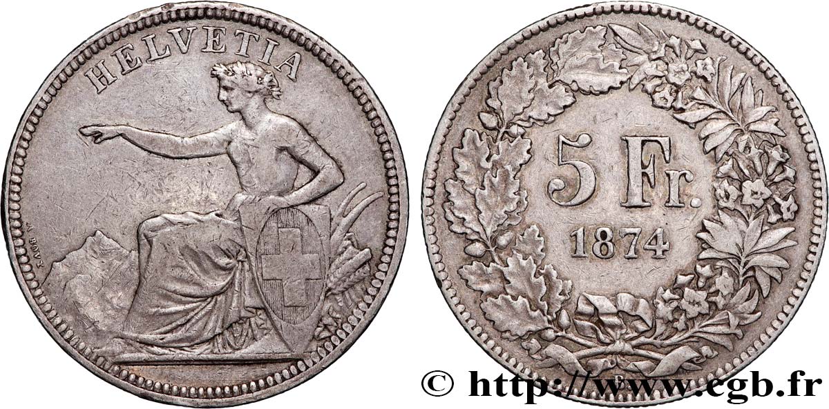 SUISSE 5 Francs Helvetia assise 1874 Bruxelles TTB 