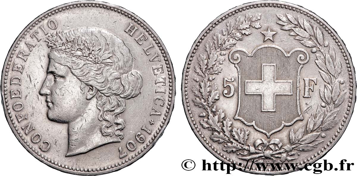 SUISSE 5 Francs Helvetia 1907 Berne TTB 