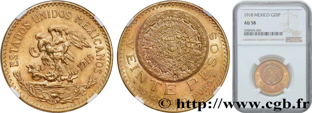 MEXIQUE 20 Pesos “Pierre du Soleil” (calendrier aztèque) 1918 Mexico SUP58 NGC