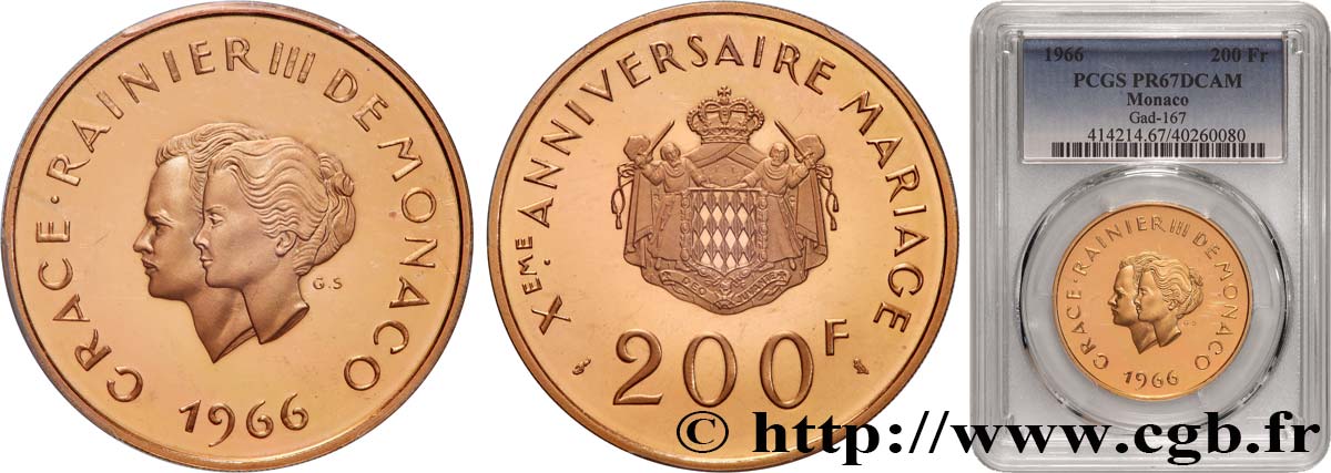 MONACO - PRINCIPALITY OF MONACO - RAINIER III 200 Francs or, dixième anniversaire du mariage 1966 Paris MS67 PCGS