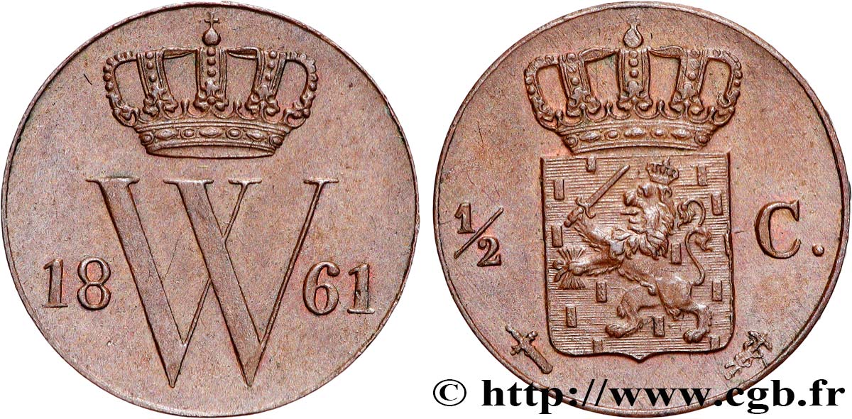 PAYS-BAS 1/2 Cent Guillaume III 1861 Utrecht SPL 