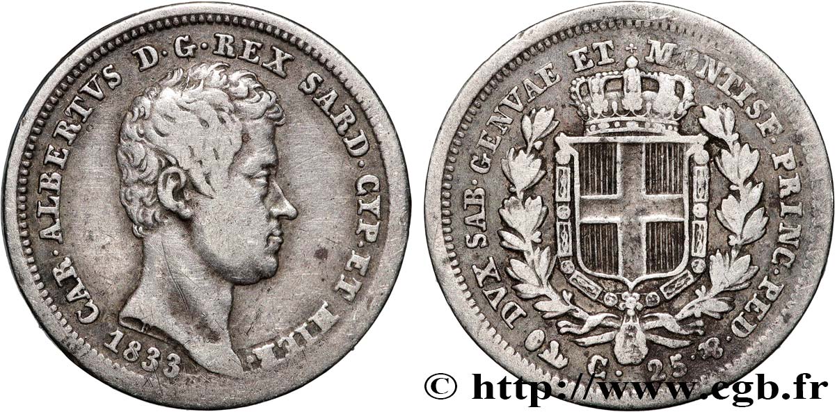 ITALY - KINGDOM OF SARDINIA - CHARLES-ALBERT 25 Centesimi  1833 Gênes VF 