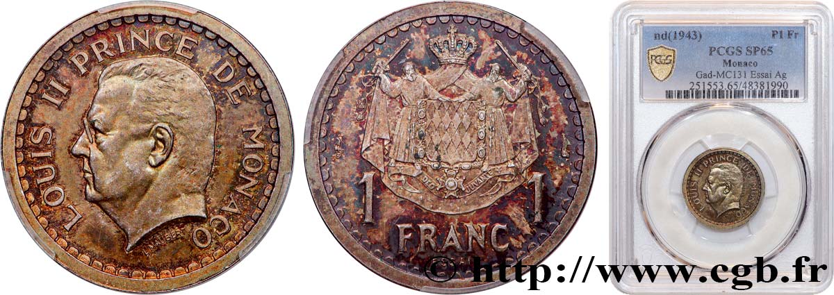 MONACO - PRINCIPAUTÉ DE MONACO - LOUIS II Essai 1 Franc en argent (1943) Paris FDC65 