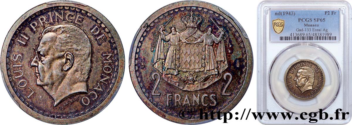 MONACO - PRINCIPAUTÉ DE MONACO - LOUIS II Essai 2 Francs en argent (1943) Paris FDC65 PCGS