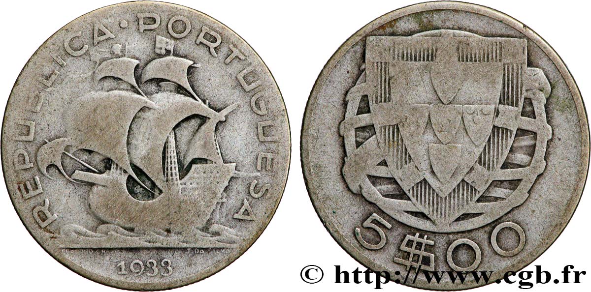 PORTUGAL 5 Escudos emblème 1933  VF 